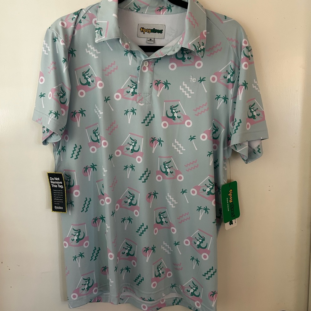 Tipsy Elves Men's Light Gray Polo with Pink and Green Design